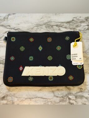 New Kenzo x H&M Black Pouch with White Logo and Multicolor Geometric Motifs